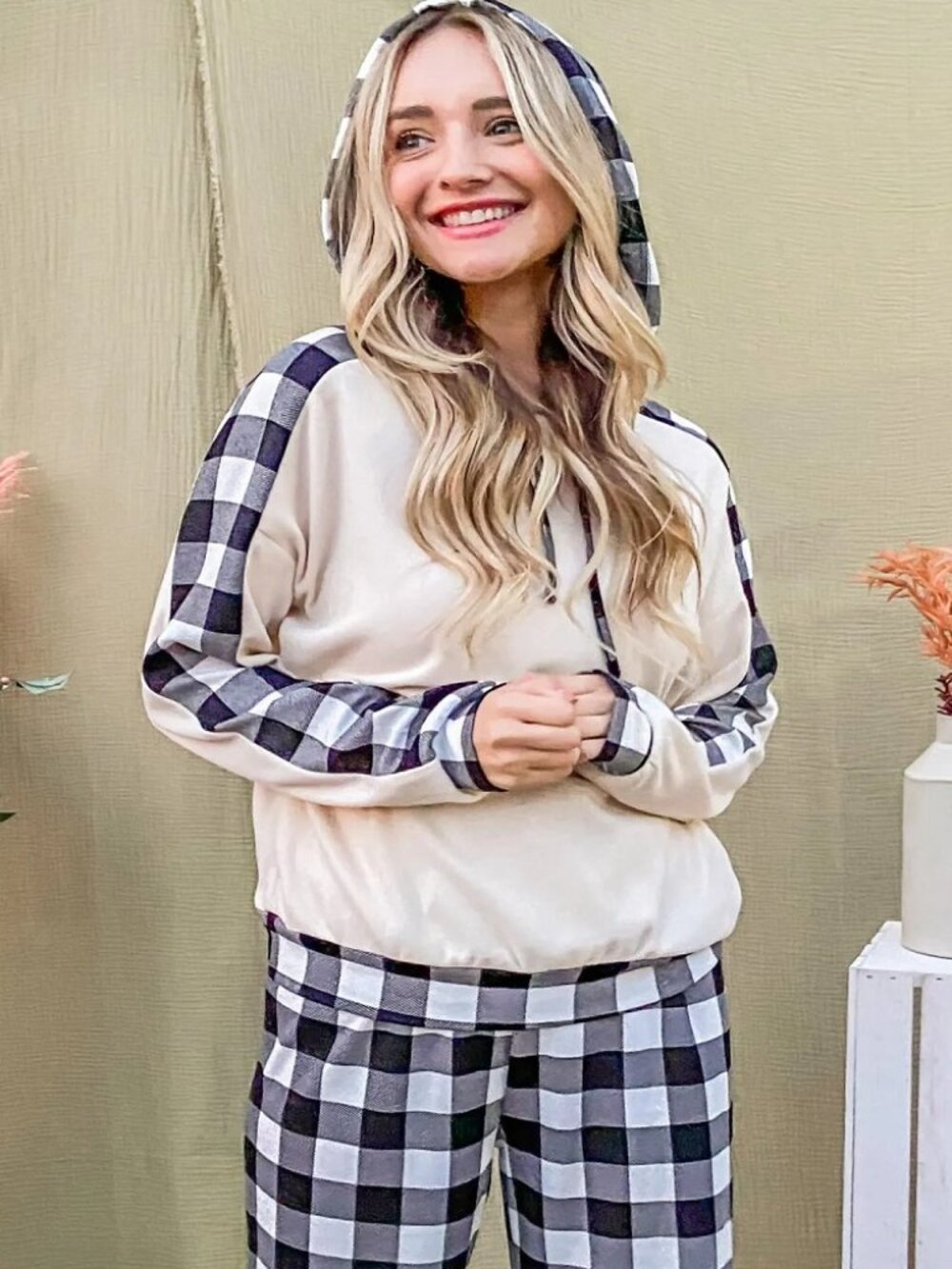 Cozy Plaid Lounge Set Hoodie Drawstring Top & Pants Size - Picture 6 of 8